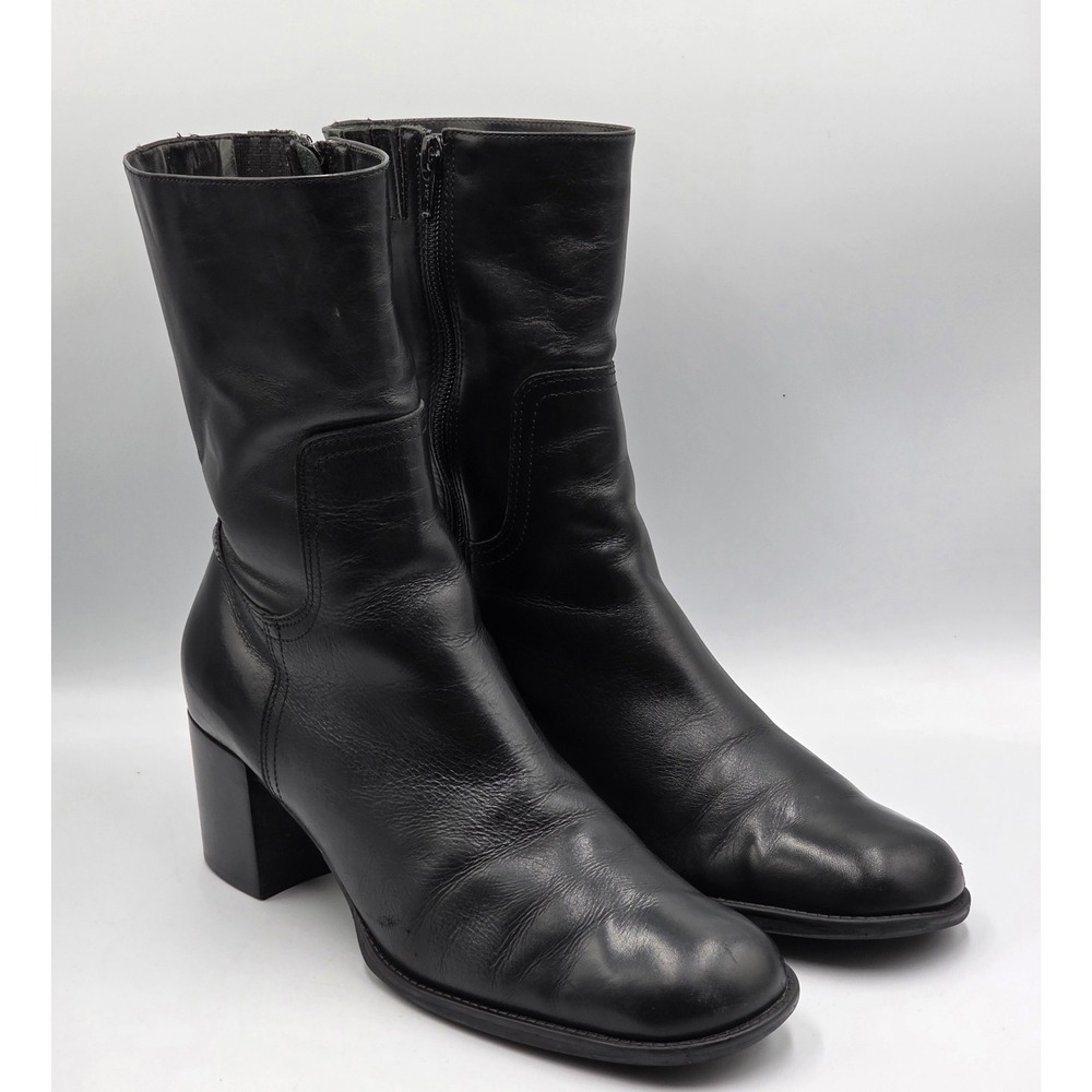 G.H. Bass Raimy Mid Calf Boots Womens 9.5M Black Leather Side Zip Block Heel